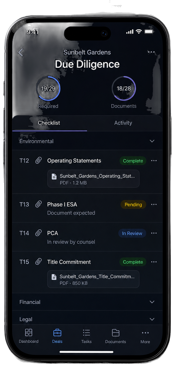 Mobile diligence checklist with document chips